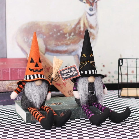 Decoraciones de Gnomo de Halloween Piernas Largas Calabaza Gato Negro Sombrero de Bruja Peluche Muñeca Sin Rostro Fiesta