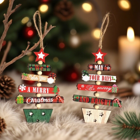 Decoración Colgante de Árbol de Madera de Navidad Con Gnomo Estrella Cuadros Estampado Adorno Festivo para Fiesta Hogar Navidad