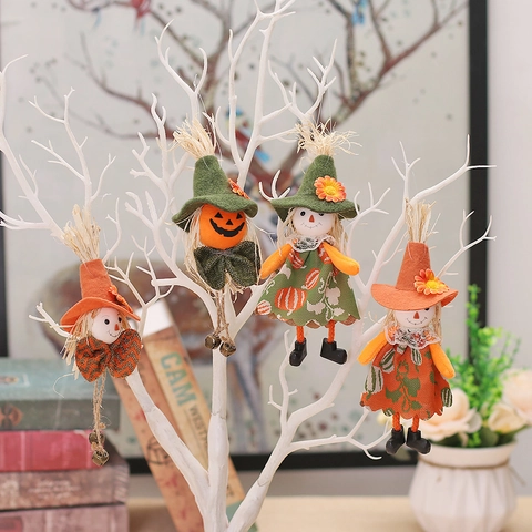 Halloween Scarecrow Hanging Decoration Witch Doll With Pumpkin Pattern Bells Straw Ornament For Home Party Harvest Festival Decoration