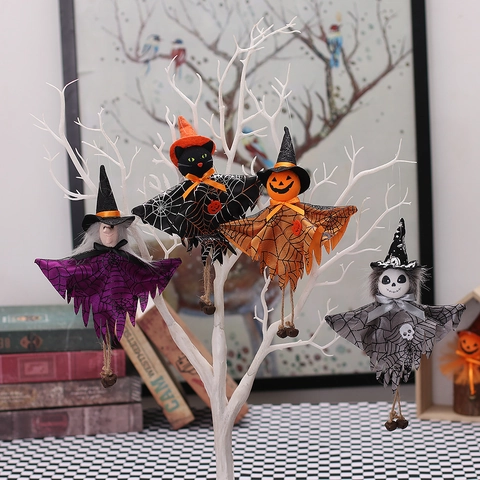 Halloween Hängepuppe Anhänger Hexe Schwarze Katze Kürbis Skelett Deko Mit Spinnennetz Bedruckter Umhang Glockenbeine Party Haus Deko