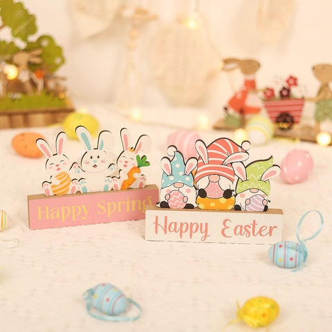 Enseigne de Table en Bois Joyeuses Pâques Ornement de Bureau Lapin et Gnome pour Décoration de Maison et Fête