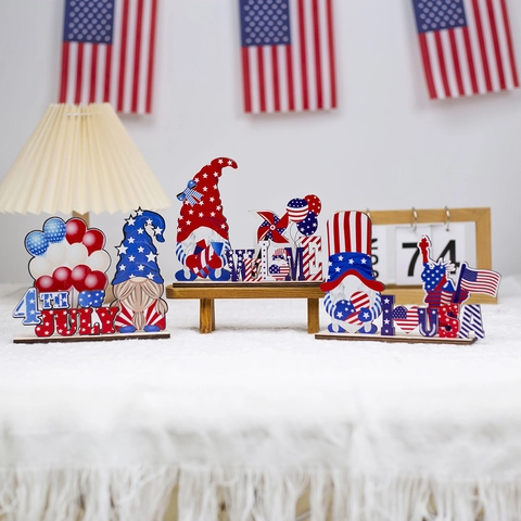 Independence Day Wood Gnome Desktop Ornament July 4th Patriotic USA Stars Stripes Decoration For Home Party Table Sign
