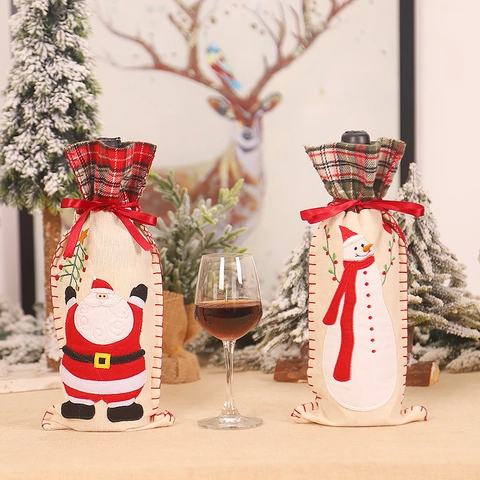 Christmas Santa Snowman Plaid Burlap Wine Bottle Cover Bag For Holiday Party Dinner Table Decoration Wrap Ribbon Tie Gift