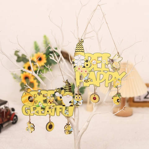 Cartello Appeso in Legno per Giorno delle Api Gnomo Rustico Girasole Ape Felice Pendente Decorazione Parete Finestra Casa Festa