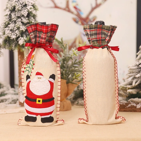 Christmas Santa Snowman Plaid Burlap Wine Bottle Cover Bag For Holiday Party Dinner Table Decoration Wrap Ribbon Tie Gift