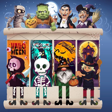 Banderole d'Halloween à Jambes Pendantes Dessin Animé Citrouille Squelette Sorcière Fantôme Vampire Décor Pour Cour Extérieure Porche Fête