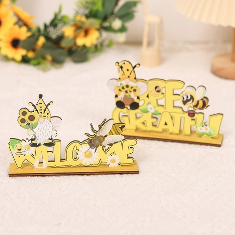 Insegna di Benvenuto in Legno con Gnomo Ape Decorazione da Tavolo Rustica in Compensato Ornamento Desktop Ape Girasole