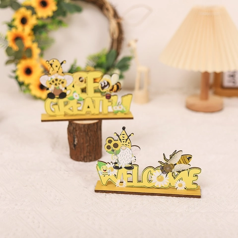 Insegna di Benvenuto in Legno con Gnomo Ape Decorazione da Tavolo Rustica in Compensato Ornamento Desktop Ape Girasole