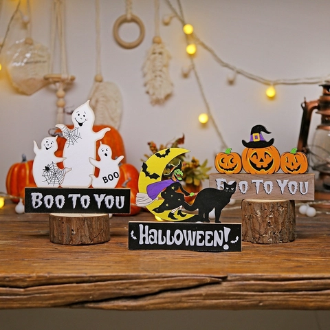 Halloween Bois Ornement De Table Citrouille Fantôme Sorcière Gnome Trick Or Treat Lettres Fête Décoration Bureau Maison