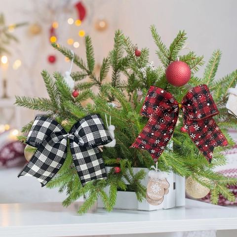 Rustic Christmas Bows Buffalo Plaid Burlap Ornament For Xmas Tree Wreath Decoration Farmhouse Holiday Festive Party Decor Bows