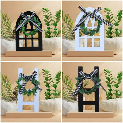 Hölzerne Miniatur-Leiter Bogenfenster-Rahmen-Dekor Landhaus-Hängeornament Mit Künstlichem Kranz Gingham-Schleife Heimdekor