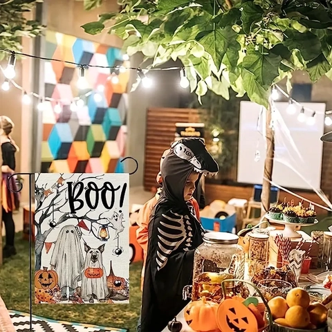 Bandiera de Jardín Halloween Doble Cara Poliéster Textura Lino Decoración Exterior Fantasma Calabaza Gato Perro Banner