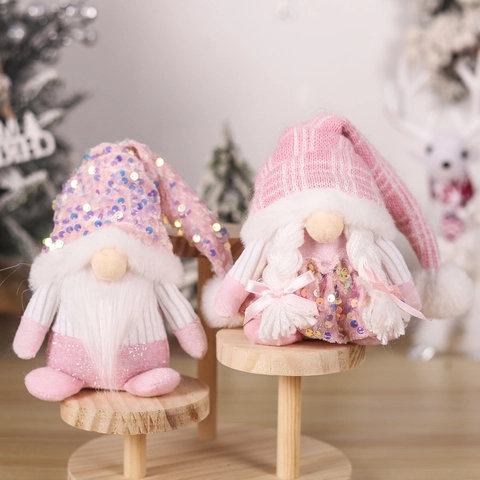 Gnomo di Natale in Peluche con Paillettes Rosa Statuetta Rudolf Fatta a Mano con Cappello in Maglia per Decorazione Casa Festa Regalo