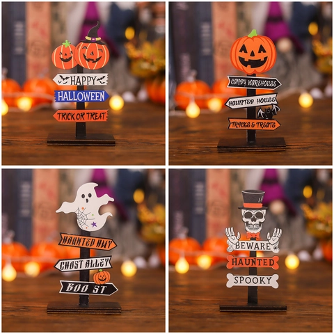 Decorazioni da Tavolo in Legno per Halloween Zucca Fantasma Teschio Cartello Ornamento per Casa Festa Happy Halloween