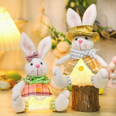 Bambola di Peluche Coniglio di Pasqua Luminosa Con Luce LED Calda Vestito a Quadri per Decorazione della Casa Festa Regalo