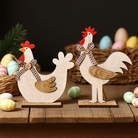Décoration de Poulet de Pâques en Bois Style Campagne Coq Poule Ornements Avec Nœud Plaid Grain de Bois Décoration de Table