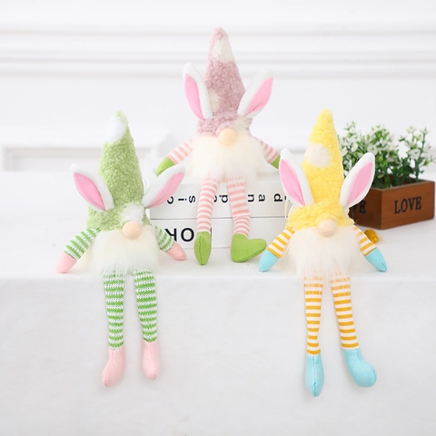 Gnome en Peluche de Pâques avec Oreilles de Lapin et Lumière Longues Jambes Rayées Tomte Suédois Fait Main Décoration Table