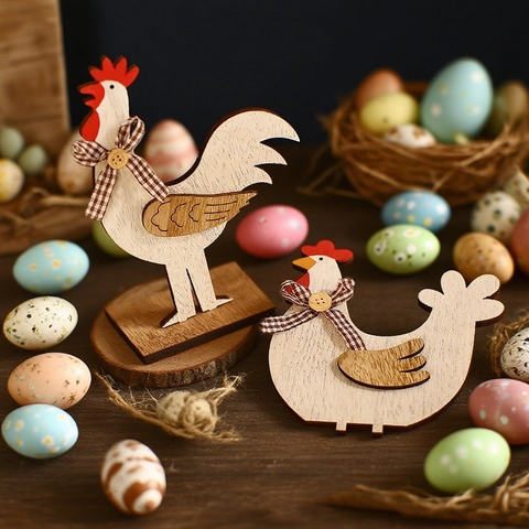 Décoration de Poulet de Pâques en Bois Style Campagne Coq Poule Ornements Avec Nœud Plaid Grain de Bois Décoration de Table