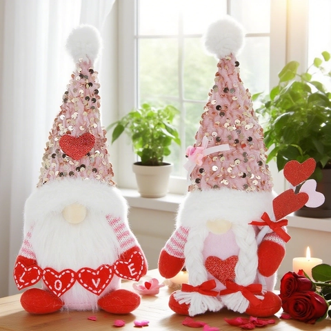 Valentine's Day Gnome Decor Pink Sequined Hat Heart Plush Tomte For Romantic Home Table Wedding Party Ornament