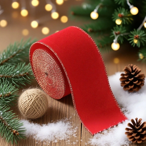 Weihnachten Rote Beflockung Band Mit Goldrand Samtband Für Geschenverpackung Feiertagsdekoration DIY Festliche Verzierung