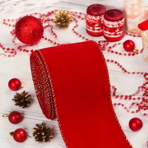 Weihnachten Rote Beflockung Band Mit Goldrand Samtband Für Geschenverpackung Feiertagsdekoration DIY Festliche Verzierung