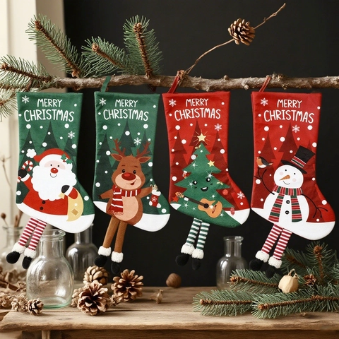 Creative Cloth Christmas Stocking With 3D Cartoon Santa Snowman Deer Tree Patterns Long Legs Printed Hanging Decor For Party