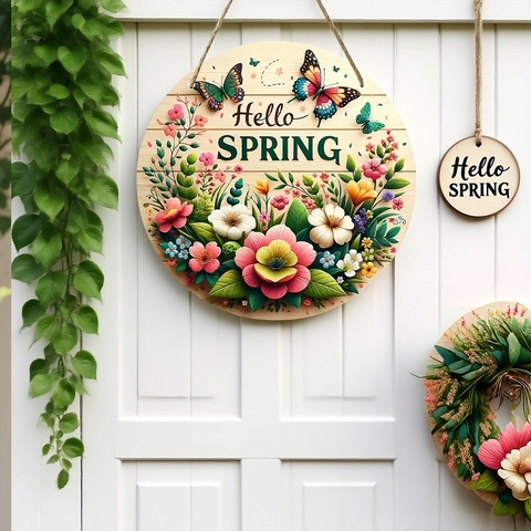 Targa Rotonda in Legno Hello Spring Con Motivi Floreali Farfalle Per Porta Giardino Parete Portico Decorazione Della Casa Appesa