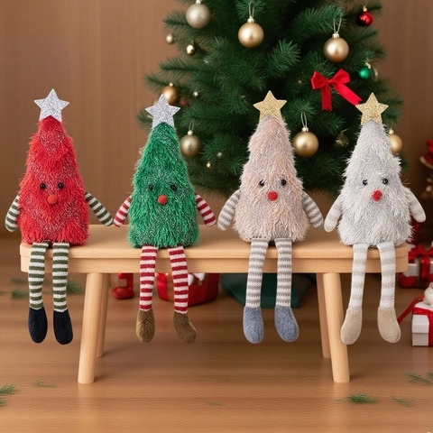 Cute Plush Christmas Tree Doll With Long Legs Sitting Position Cartoon Christmas Tree Plush Ornament For Home Party Decor Christmas Gift