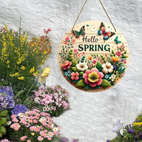 Targa Rotonda in Legno Hello Spring Con Motivi Floreali Farfalle Per Porta Giardino Parete Portico Decorazione Della Casa Appesa
