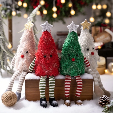 Cute Plush Christmas Tree Doll With Long Legs Sitting Position Cartoon Christmas Tree Plush Ornament For Home Party Decor Christmas Gift