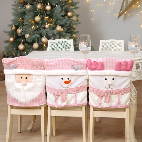 Pink Christmas Chair Covers Cartoon Santa Snowman Reindeer Fabric Plush Dining Chair Back Decor For Holiday Party Home Ornament