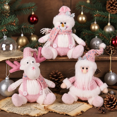 Pink Christmas Santa Snowman Reindeer Plush Doll Pendant With Sequin Knitted Fabric For Xmas Tree Home Window Decor