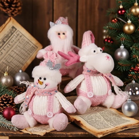 Pink Christmas Santa Snowman Reindeer Plush Doll Pendant With Sequin Knitted Fabric For Xmas Tree Home Window Decor