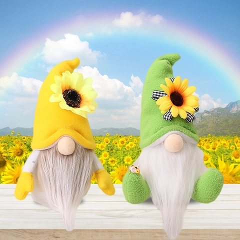 Sunflower Bee Gnome Plush Doll Spring Summer Tiered Tray Decor Handcrafted Scandinavian Tomte Nisse Ornament For Home Office Party