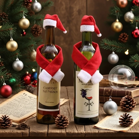 Weihnachten Weinflasche Dekoration Mini Weihnachtsmann Hut Und Kleiner Schal Festlicher Tischschmuck Für Feiertagsparty Hausessen