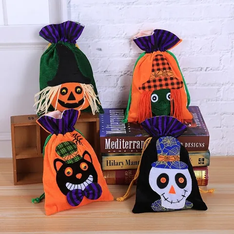 Halloween Samt Süßigkeitentüte Kordelzug Geschenktüte Für Kinder Kürbis Hexe Skelett Schwarze Katze Muster Feiertag Party Zubehör