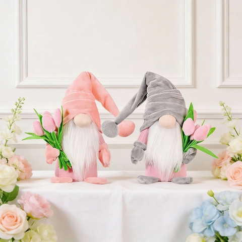 Moederdag Gezichtsloze Kabouter Pluche Pop Ornament Met Tulp Boeket Roze Grijs Noordse Bos Oude Man Huisdecoratie