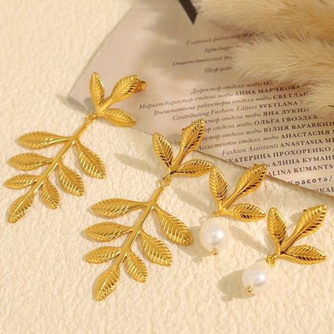 Vintage Nature Leaf Stainless Steel Dangle Earrings For Women Gold Silver Plated Freshwater Pearl Drop Earrings Jewelry Gift