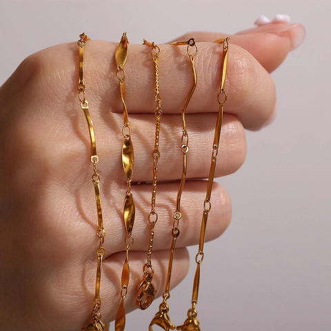 Minimalist Stainless Steel Gold Plated Chain Necklace For Women Geometric Wave Bamboo Leaf Shaped Link Chain Jewelry