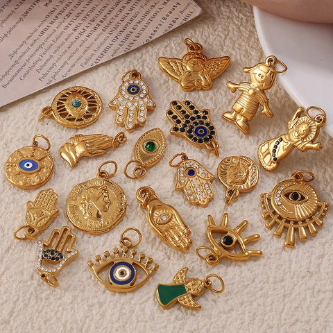 DIY Stainless Steel Pendants For Jewelry Making 18K Gold Plated Hamsa Hand Evil Eye Angel Coin Charms For Necklace Bracelet