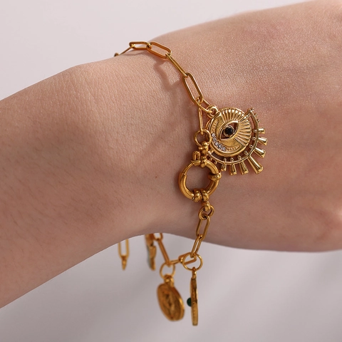 Ciondolo a Forma di Mano di Fatima con Malocchio in Acciaio Inossidabile Oro Strass Angelo Moneta Ritratto Gioielli da Donna