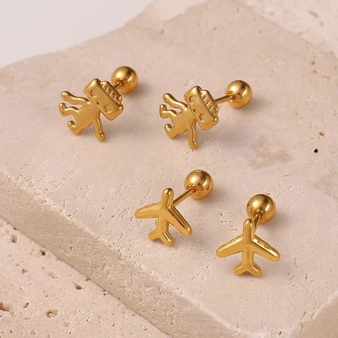 Titanium Steel Gold Plated Stud Earrings For Women Tiny Robot Airplane Star Feather Footprint Shapes Fashion Piercing Screw Back Jewelry