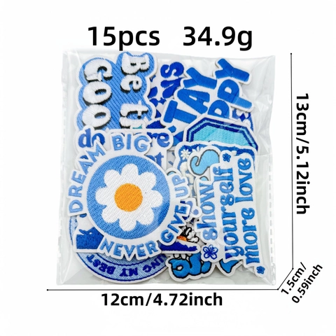 Blau Weiß Stickerei Aufnäher Für Kleidung Inspirierende Englische Slogans Zum Aufbügeln Aufnähen Gänseblümchen Schmetterling Herz DIY Dekor