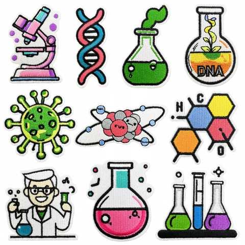 Parches Bordados Experimento Científico Dibujos Animados Microscopio ADN Frasco Átomo Científico Patrón Insignias Termoadhesivas Decoración Ropa
