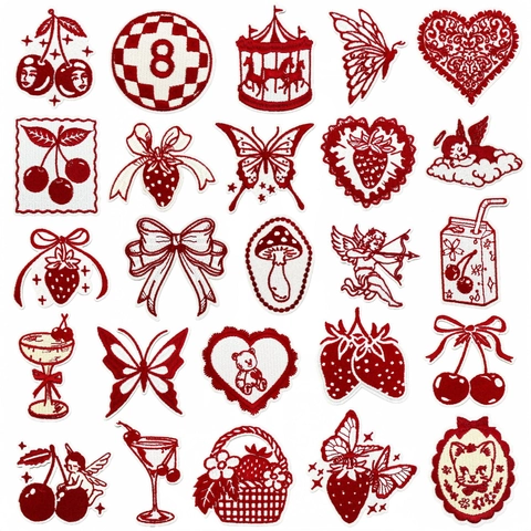 Vintage Rot Weiß Stickerei Aufnäher Herz Cupido Erdbeere Pilz Aufbügeln Für Kleidung DIY Deko Valentinstag Geschenk