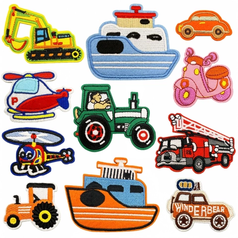 Cartoon Vehicle Embroidery Patches Polyester Iron On Sew On Decorative Appliques For Kids Clothing Bags DIY Assorted Transport Styles