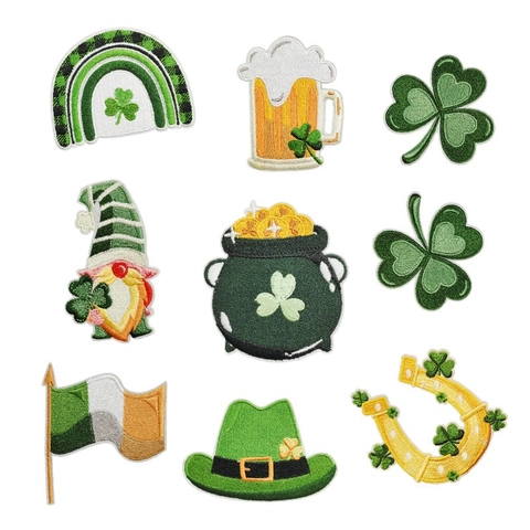 Patch Ricamate Festive Per Il Giorno Di San Patrizio Per Vestiti Trifoglio Verde Gnomo Pentola D'oro Arcobaleno Patch Termoadesive Distintivi Decorativi Per Giacche Cappotti Borse Accessori DIY