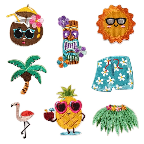 Tropische Hawaïaanse Stijl Borduurwerk Patches Cartoon Kokosnoot Flamingo Ananas Tiki Zon Opstrijkbare Patches Voor DIY Kleding Decoratie