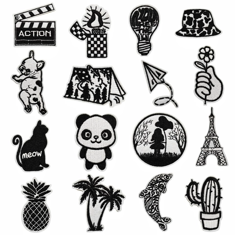 Polyester Thread Black And White Embroidered Patches For Clothing DIY Iron On Patches Sew On Badges For Backpack Hats Multiple Patterns