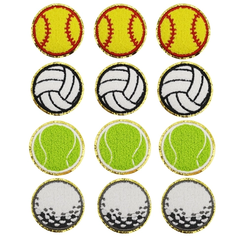 Chenille Sports Ball Embroidered Patches Sports Theme Iron On Patch With Glitter Border For Clothing Bag Decoration